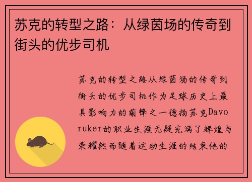 苏克的转型之路：从绿茵场的传奇到街头的优步司机