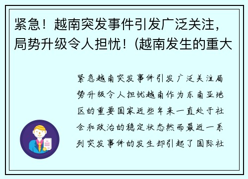 紧急！越南突发事件引发广泛关注，局势升级令人担忧！(越南发生的重大事件)