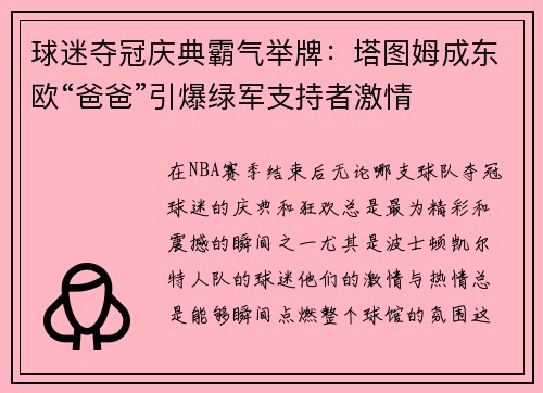 球迷夺冠庆典霸气举牌：塔图姆成东欧“爸爸”引爆绿军支持者激情