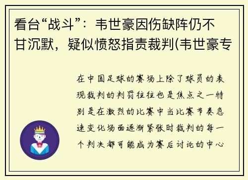 看台“战斗”：韦世豪因伤缺阵仍不甘沉默，疑似愤怒指责裁判(韦世豪专访)