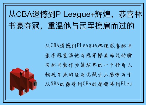 从CBA遗憾到P League+辉煌，恭喜林书豪夺冠，重温他与冠军擦肩而过的瞬间