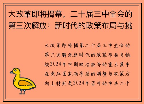大改革即将揭幕，二十届三中全会的第三次解放：新时代的政策布局与挑战